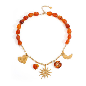 Collar de acero inoxidable con cuentas de resina, colgante de sol, luna, corazón y flor, chapado en oro de 18 quilates, para mujer, joyería de moda. - Product Image 5