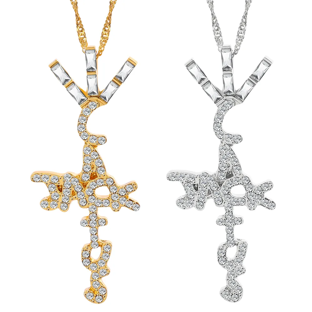 Bling Cactus Jack Letter Pendant Necklaces Gold Plated Full Cubic Zircon Cross Cuban Chain Hip Hop Jewelry For Men