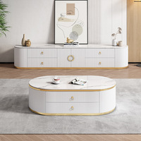 Ensemble Meuble TV et Table Basse Moderne Minimaliste Blanc Crème, Meuble de Salon Luxe Léger avec Plateau en Pierre et Rangement