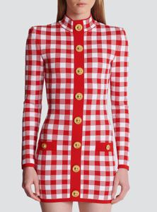 Kadınlar zarif elbiseler kırmızı ekose jakarlı Vintage moda düğme giyim üreticileri ile uzun kollu bandaj Mini elbise giymek - Product Image 3