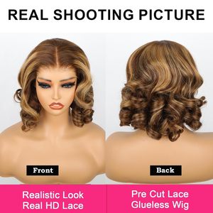 <span class=keywords><strong>ISEE</strong></span> Wear Go Perruques Lace Front HD sans colle, pré-épilées, pré-coupées, coupe courte bob, ondulées, en cheveux brésiliens vierges, densité 180%, marron/blond - Product Image 3