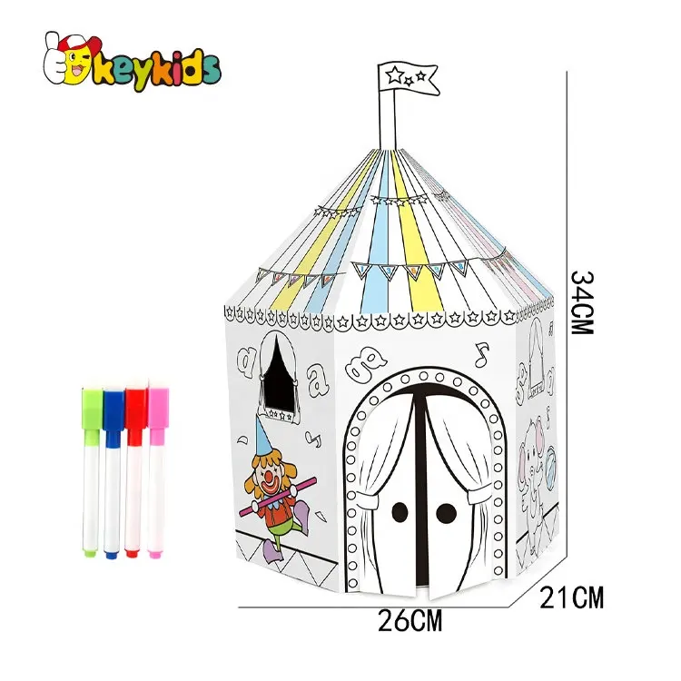 3d Kids Diy Grote Opvouwbare Geschilderde Tent Design Kartonnen Kleurhuis Met 4 Schilderij Markers W03a132