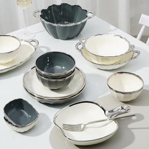 Vaisselle en céramique de luxe à bord <span class=keywords><strong>argent</strong></span>é, bol en <span class=keywords><strong>porcelaine</strong></span> blanc gris, vaisselle, <span class=keywords><strong>assiette</strong></span>, vaisselle de ménage, vente en gros - Product Image 3