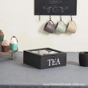 Wooden Tea Box Storage Organizer Rectangular Covered With Compartments For Tea Coffee <b>Sugar</b> <b>Packets</b> Desktop Use - Product Image 4