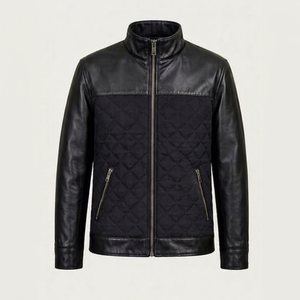 Veste en cuir noir matelassée pour homme, col montant, fermeture éclair, manches classiques - Product Image 1
