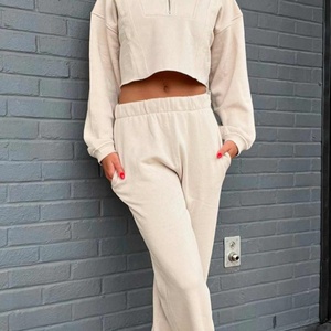 Ensemble de survêtement décontracté pour femme, 2 pièces, couleur personnalisée, sweat-shirt court zippé et pantalon de jogging, écologique, uni, avec logo - Product Image 3