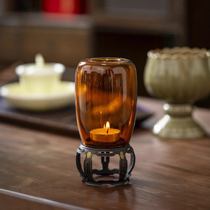 Amber Glass Candle Holder Round Heat Resistant Home Decoration Tea Ceremony Accessory - Product Image 2