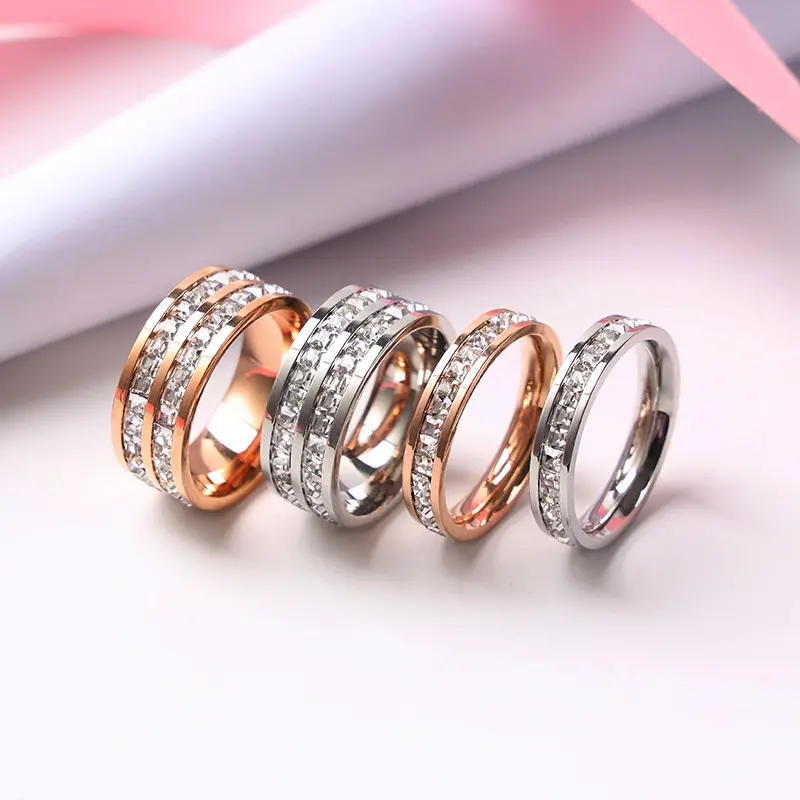 Fashion single double row Rhinestone diamond stainless steel Fine Jewelry rings full diamond men and women wedding ring