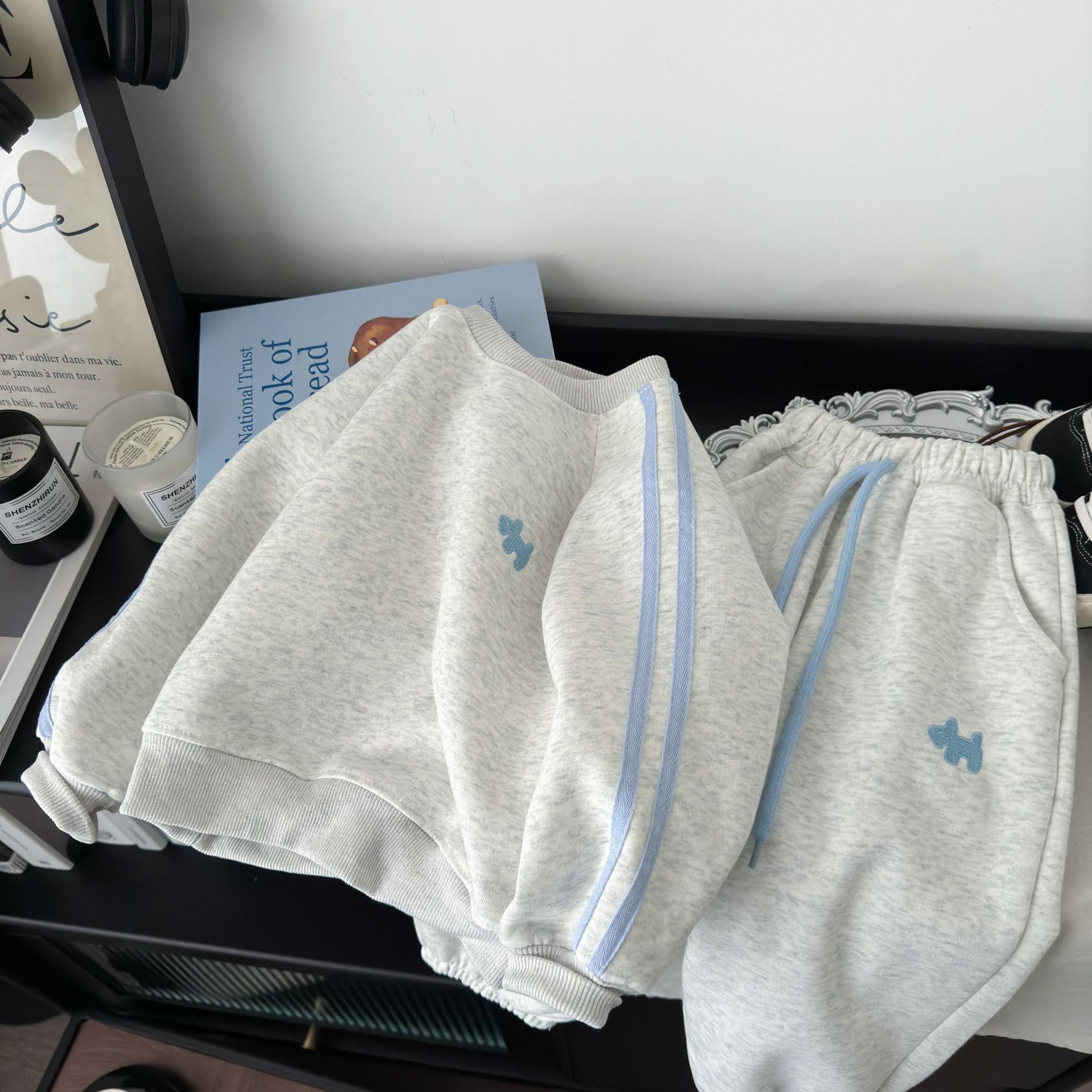 Ensemble sweat-shirt - gris chiné et bleu petit cheval