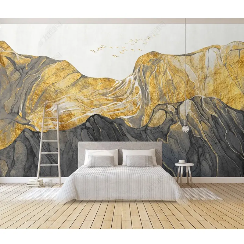 Customized golden ink and wash mountains endless living room TV background decoration 3D wallpaper