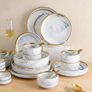 Hot Sale Nordic Color Glaze Marble Gold Rim Dinner Plate <b>Set</b> Sustainable Porcelain Ceramic Crockery Tableware Eco-Friendly - Product Image 5