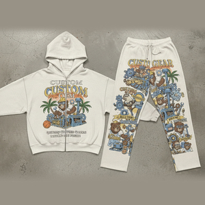 Sudadera con Capucha para Hombre, Diseño Personalizado con Impresión Digital OEM, 400 GSM, Cierre de Cremallera, Hombros Caídos, Talla Grande, Conjunto de Dos Piezas - Product Image 1