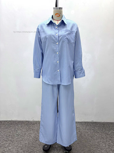 Women's Striped 2 Piece Set - Long Sleeve Button <b>Down</b> Shirt & Wide Leg <b>Pants</b> Fashion - Product Image 5
