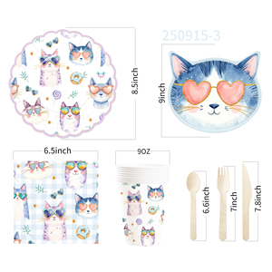 DAMAI Pet Party Tableware Set with Cats Elements Includes <b>Disposable</b> Paper Plates Napkins Cups for Cats Birthday Party - Product Image 6