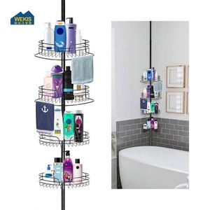 Black Metal Hotel Use Home Organizer Accessories Telescopic Shower Tension Pole Bathroom Caddy <b>Corner</b> <b>Storage</b> Rack 4 Layers - Product Image 3