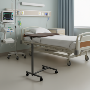 Mesa de Hospital Multifuncional Ajustable de MDF con 4 Ruedas, Color Madera Oscura, para Hospitales - Product Image 2