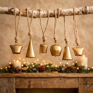 Guirnalda de Campanas Navideñas Rústicas con Colgadores de Cuerda, Campanas Metálicas Hechas a Mano, Decoración Navideña para Colgar en la Pared Interior - Product Image 1