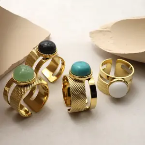 Women 18K Gold Plated Stainless Steel Green Stone Rings Finger Chunky Jewelry Shell Freshwater Natural stone Ring For Women