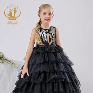 スパンコール付き軽快な黒のノースリーブの女の赤ちゃんのナイトドレスオーガンザ子供ドレス卸売ジッパーレイヤードドレスファンシーガール