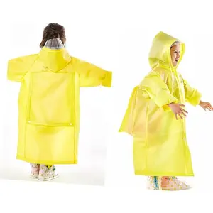 Custom Logo Chic Colorful Reusable School Children Kids Rain Poncho Waterproof Hooded Long Raincoat With Bag Position