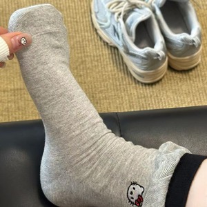 Kitty Cute Cartoon Cat Mid Calf Slouch <b>Socks</b> Women's Breathable Cotton Gray White Black Youth Style - Product Image 1