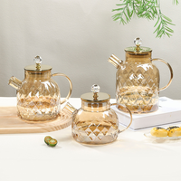Théière en verre ambré avec couvercle doré, infuseur à thé en borosilicate à motif diamant, résistante à la chaleur, vaisselle à thé de luxe