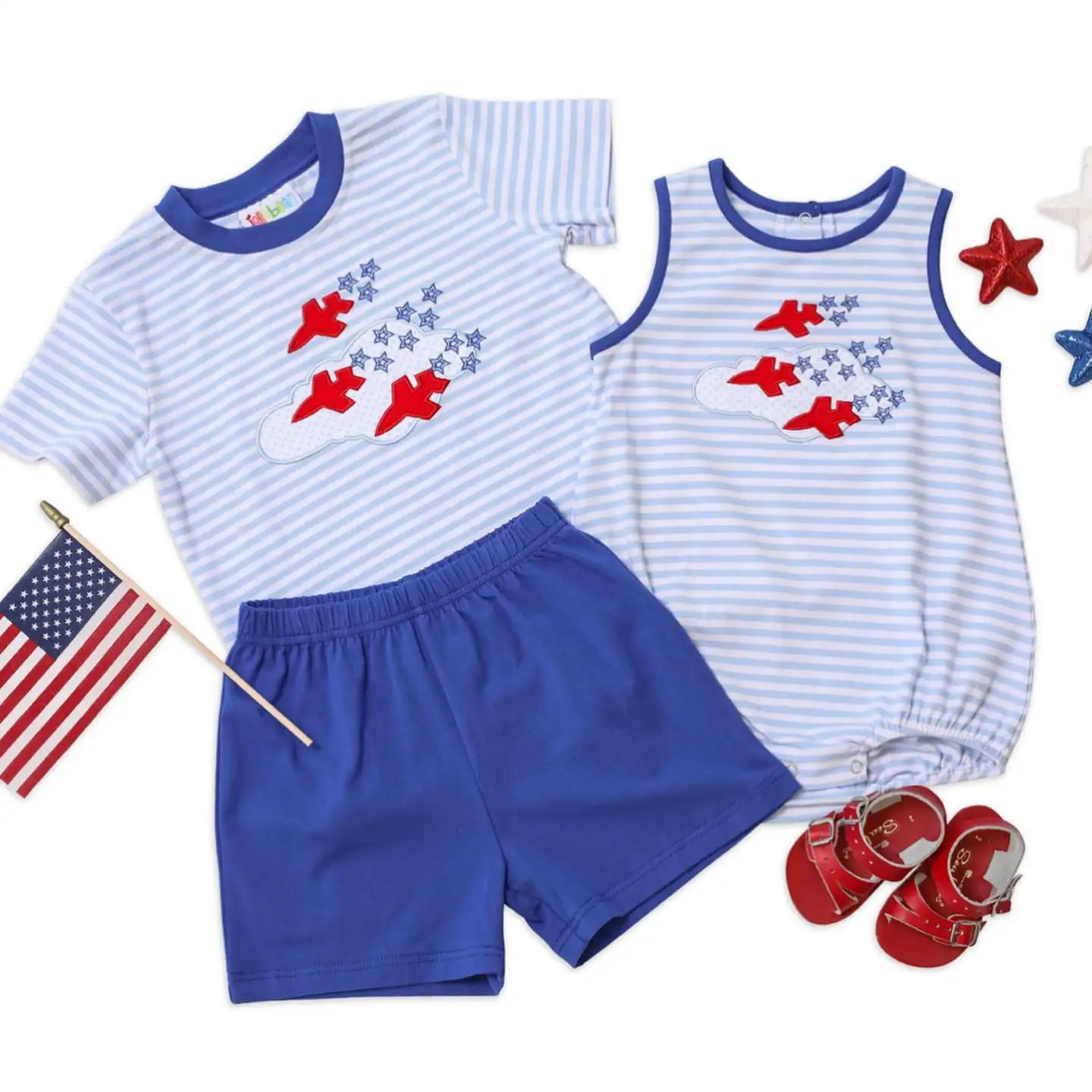 Großhandel Boutique Kleinkinder Jungen 4. Juli Outfits Baby Kinder Kurzarm schick Sommerkleidung Schlussverkauf blaue Flugzeugsets