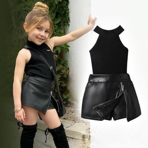 2024 Verão Meninas Moda Terno Logotipo Personalizado Infantil Vestuário Set Colete Top e Saia com Padrão Sólido Ordem Mínima 2pcs - Product Image 1