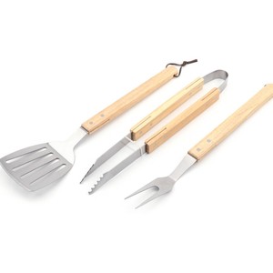 Juego de herramientas para barbacoa de acero inoxidable con mango de madera de caucho, 3 piezas, espátula, pinzas y tenedor portátiles para asar al aire libre - Product Image 2