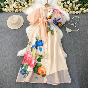 sachin and babi light blue dress Floral Elegant Office Dress 2021 Summer Korean Style Mini Dress Simple Puff Sleeves High Waist Tight Party Dress Women CX2695 / S main image 1