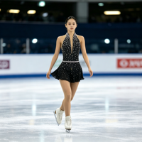 Robe de patinage artistique noire à col licou et décolleté en V profond, entièrement ornée de strass, avec jupe à dos ouvert ajouré, pour enfants, en Spandex/Nylon, pour compétition et spectacle sur glace