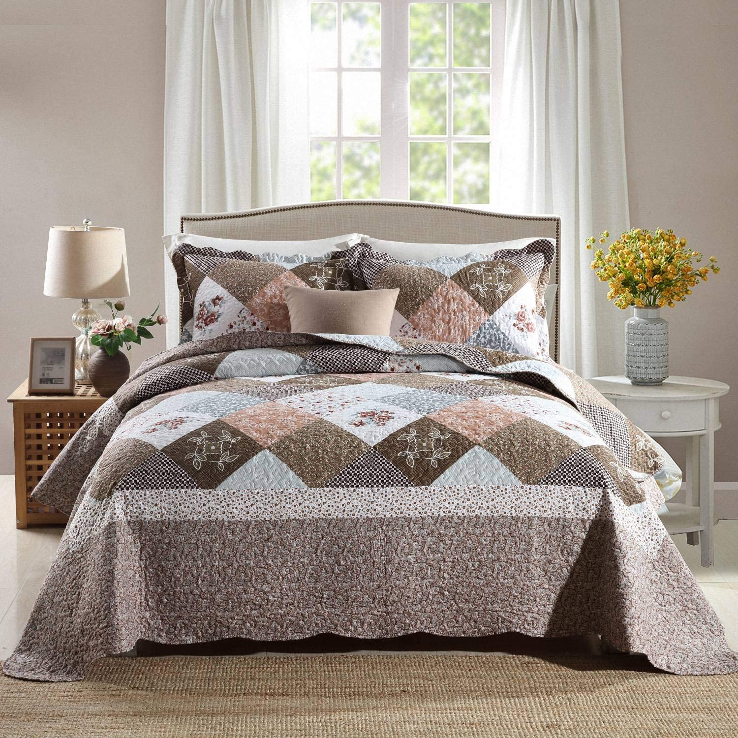 Microfibra Trapunte Reversibile Copriletti Patchwork Coperte di Biancheria Da Letto Floreale Set per Tutta La Stagione Trapunte