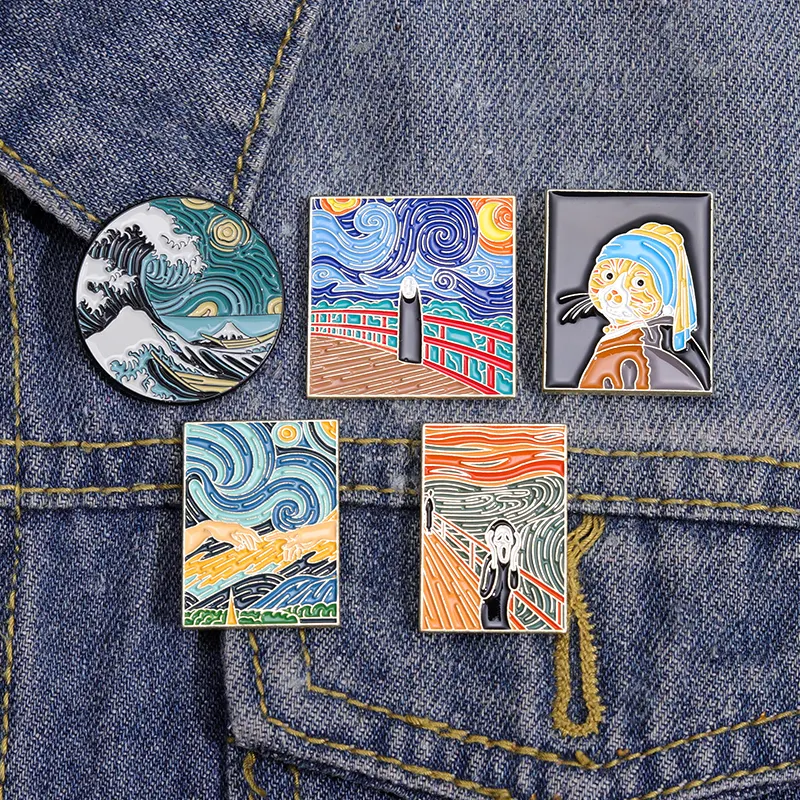 Starry Night Esmalte Pins Artístico Ukiyo-e Wave e Criação de Adam Broches para Roupas e Mochilas