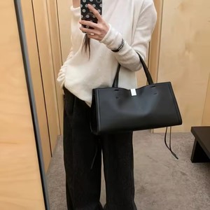 Tas Tote Persegi Panjang Kulit Asli Minimalis Wanita Tali Selempang Dapat Dilepas Tas Tangan Komuter Kantor Bisnis Kapasitas Besar - Product Image 5
