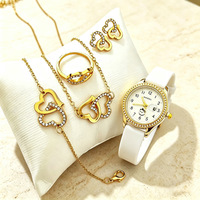 Ensemble de montres pour femmes 5 en 1, montre-bracelet à quartz avec calendrier, bracelet en strass en forme de cœur, collier, bague, boucles d'oreilles, vente en gros