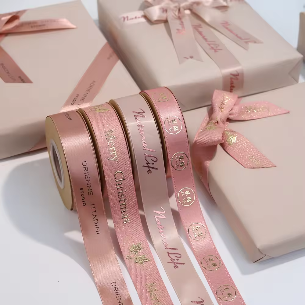 Custom Gold Foil 3d Embossed Printed Gift Polyester Satin Ribbon with logo Gift Packaging Ribbon Embossed logo Ribbon