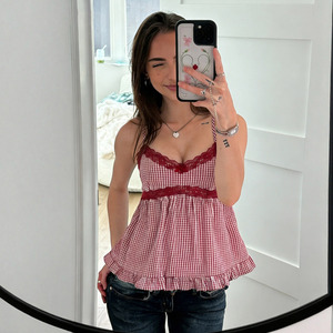 Gingham Lace Camisole Top Women <b>Spaghetti</b> <b>Strap</b> Babydoll Tank Sleeveless Flowy Summer Casual Cute Slim Fit Versatile Top - Product Image 5