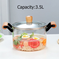 Casserole en verre borosilicate transparent durable, compatible avec les plaques à induction, résistante aux chocs, avec double poignée en bois, pour soupes et bouillons