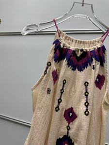 Camiseta sin mangas con cuello halter bordada estilo bohemio vintage francés para mujer, blusa bordada sin mangas - Product Image 4