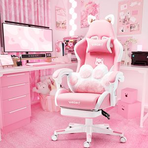 Chaise de jeu ergonomique rose et blanche avec oreilles de chat, pivotante et réglable, avec repose-pieds et coussin lombaire - Product Image 2