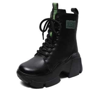 Botines de Plataforma con Cordones Negros para Mujer, Zapatos Planos de 8.5 cm, Resistentes al Agua, Parte Superior de Cuero Genuino Elástico, Forro Acolchado en el Talón - Product Image 2