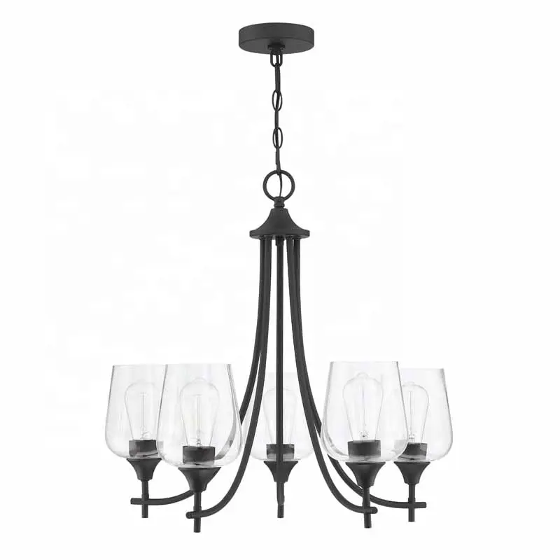 Modern Chandelier 5 light clear glass shade and Black finish for living Room pendant light