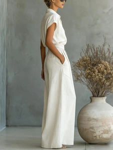 Traje de Dos Piezas para Mujer, Color Sólido, Camisa con Botones y Manga Corta, Pantalones Largos de Cintura Alta con Pliegues y Pierna Ancha, Atuendo Casual para Vacaciones - Product Image 3