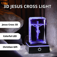 Movdyka Croix de Jésus 3D en cristal, figurine en prisme rectangulaire, base lumineuse LED colorée, veilleuse religieuse, cadeau chrétien unisexe