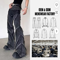 Jean en denim évasé taille haute pour homme, avec empiècements chevron, coutures effilochées contrastantes, coupe large aux hanches, couleur anthracite