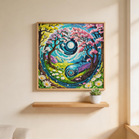 Peinture murale 5D artisanale unique, motif dessin animé, deux arbres roses encadrant un centre tourbillonnant, paysage de jardin, perles, pour anniversaire