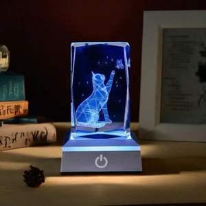 Custom K9 3D Laser Engraved Crystal Cube <strong>Cat</strong> <strong>Figurine</strong> with LED Night Lights Hot Sale Polished Technique - Product Image 1