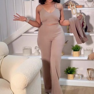 Conjunto de 3 Piezas de Traje Elegante para Mujer con Solapa de Perlas, Chaleco Corto Halter y Pantalones, a la Moda - Product Image 2