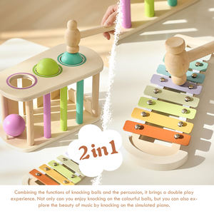 Kayu anak-anak teka-teki tekan bola piano 2-in-1 mainan bayi warna sensorik kognisi tangan mata instrumen perkusi koordinasi - Product Image 2