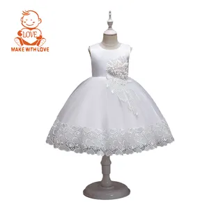 BEIBEIHAPPY Neues Design elegantes Kinder-Satin-Spitzen ärmelloses Blumenmädchen Tülle weiße Prinzessin Hochzeit Party Ballkleid Abendkleid